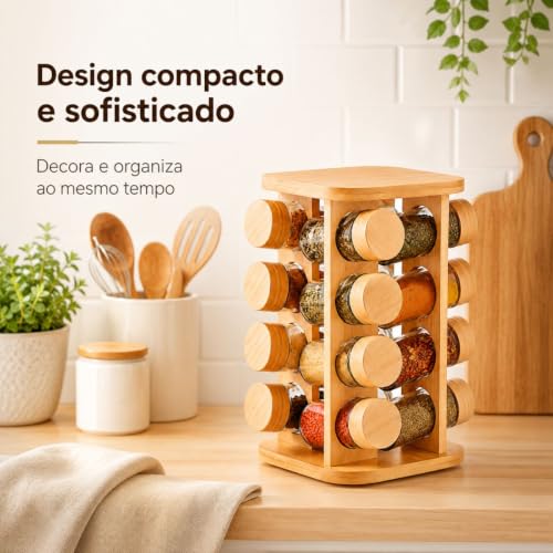 Porta Temperos Giratório 360° em Bambu com 16 Potes de Vidro 80ml, Base Quadrada – Organizador Premium para Cozinha