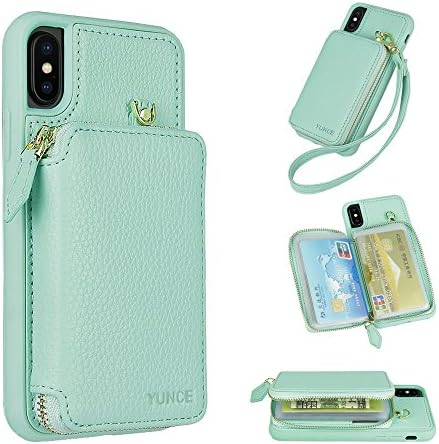 iPhone X Wallet Case, YUNCE Leather Wallet Case Credit Card Holder Slot Protective Leather Zipper Wallet Case With Card Holder Handbag Cover for iPhone X (Mint)
