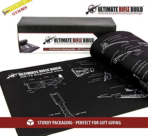 Ultimate Rifle Build Large Gun Cleaning Mat with Exploded Parts Diagram & Bonus Magnetic Parts Tray; Non-Slip & Solvent Resistant pad; Stitched Edges - 36x12