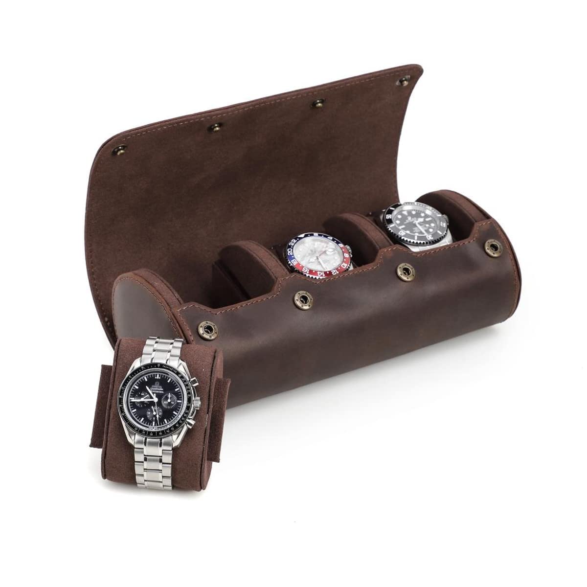 Hiram Watch Travel Case for 3 Watches Handmade Genuine Leather Watches Storage Box Flexible Cushion Slot Mounting Design Portable Watches Travel Organizer