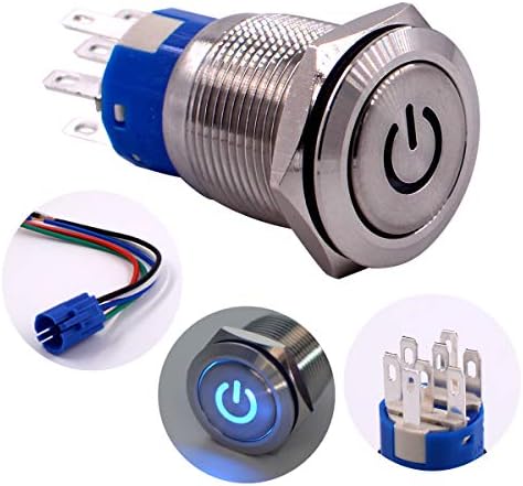 Latching Push Button Switch, URTONE UR197, 2NO2NC DPDT Stainless Steel with 24V Power Symbol Blue LED for 19mm 3/4" Mounting Hole, Include Socket (Blue)