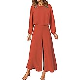 ROYLAMP Women's Summer 2 Piece Outfits Round Neck Crop Basic Top Cropped Wide Leg Pants Set Jumpsuits