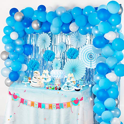 Blue Balloons Arch Garland Party Decorations Kit 114 Pack, Boy Baby Shower Balloons Set,Blue Sliver White Balloons + Foil Fringe Curtain + Paper Tissue Flower Pom Poms + Tissue Paper Fans for Birthday