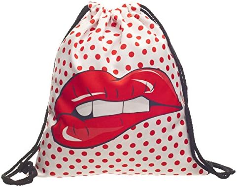 Flora Mcqueen Drawstring Backpack for Girls with Digital Printing Red and White Polka Dots 15”x11” Dot Lips