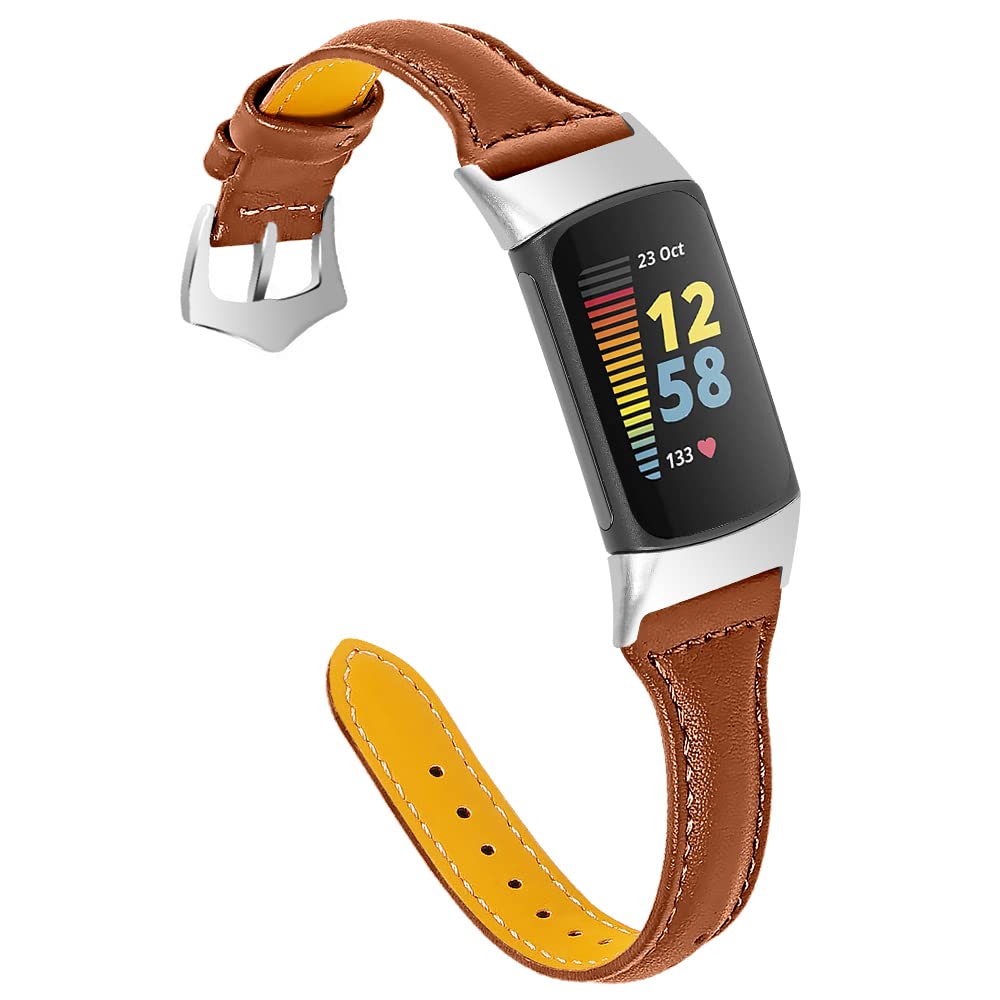 Gimuk Leather Strap Compatible With Fitbit Charge 5, Women Men Genuine Leather Sport Band Replacement Wristband Bracelet for Fitness Tracker (Brown) (C5WF691AA/G)