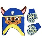 Nickelodeon Toddler Boys Paw Patrol Chase Acrylic Hosiery Knit Contoured Short Winter Hat with Knit Ears and Matching Mitten Set, Blue, One Size