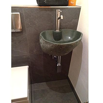 wohnfreuden Natursteinwaschbecken Set 40 cm - inkl Wandhalterung aus Metall Steinwaschbecken Findling Bad Gäste WC