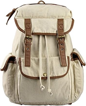 WindFeel Vintage Casual Leather Trim Canvas Backpack with Huge Space Rucksack for School College Camping Hiking for Both Men and Women,Beige