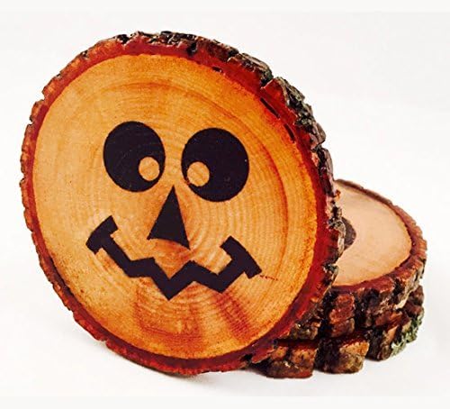 Jack O' Lantern Natural Wood Coasters (4-Pack) | Halloween Tree Wood Beverage Coasters | Spooky Sealed Drink Coasters