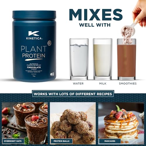 Kinetica Sports Plant Protein Powder - Chocolate Flavour | 23g Protein/Serve, 33 Servings/1Kg | Blend of Pea & Rice Protein | Dairy & Gluten Free |Vegan & Low in Sugar | Easy Mixability