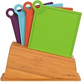 Vremi 5 Piece Plastic Cutting Board Holder Set - BPA Free Dishwasher Safe Colorful Kitchen Cutting Boards Bamboo Holder - Small Color Coded Chopping Boards for Meat Vegetables and Fish