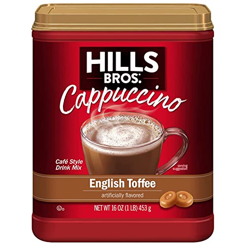 HILLS BROS. INSTANT CAPPUCCINO MIX, ENGLISH TOFFEE (16 OZ, PACK OF 1) – CONVENIENT AND VERSATILE, INSTANT HOT OR ICED COFFEE, FROTHY & RICH ENGLISH TOFFEE FLAVOR – JUST ADD WATER