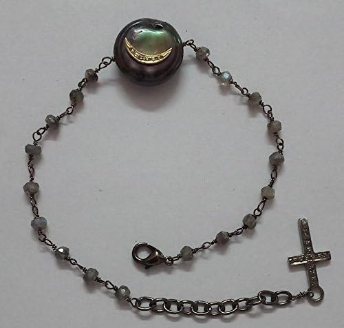 KIRANBEADS - Vermeil Pave Diamond Half Moon Charm Over Freshwater Pearl Coin - Labradorite Beaded Chain Oxidized 925 Sterling Silver Wire &amp; Lobster Lock