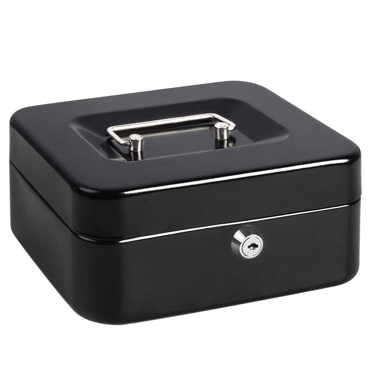 Cash Box with Money Tray, Metal Locking Money Box with Key Lock for Security, 7 4/5" x 6 4/5" x 3 3/5", Black
