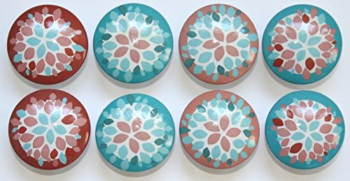 Set of 8 Emma Pink and Turquoise Flower Dresser Drawer Cabinet Knobs