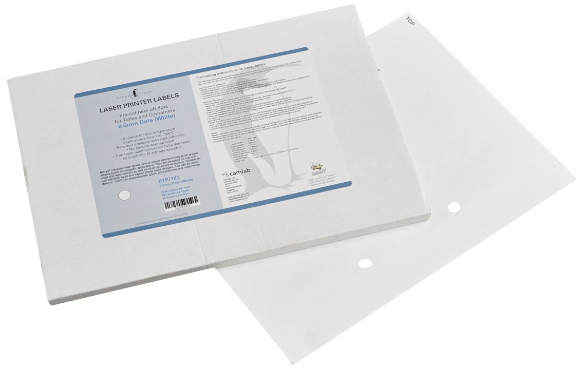 Camlab Plastics RTP/181 Tubee's Dots, 9.5 mm, 20 Sheets of 192 Labels, Cryogenic White (Pack of 3840)