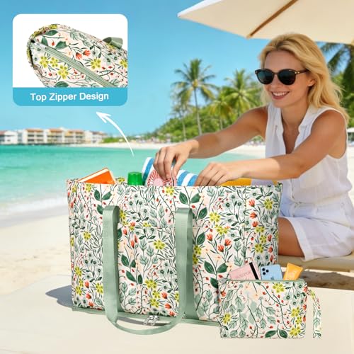 LUROON Large XXL Family Beach Bag with Zip, Waterproof, Women's Beach Bag, Foldable, Shopper, Beach Bag for Travel, Shopping, 50 x 35 x 20 cm, green