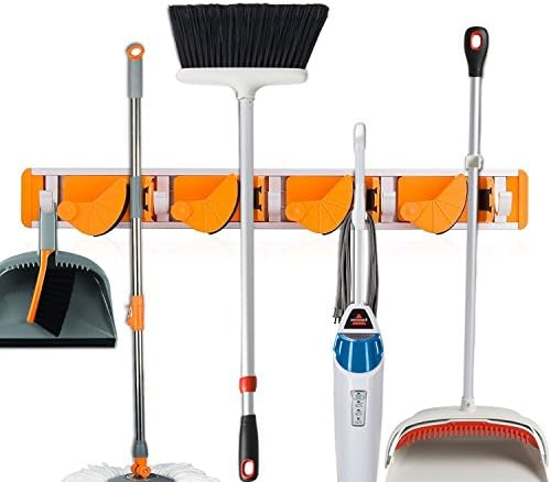 Mop and Broom Holder Wall Mounted Organizer with Towel Hooks, Home Storage Solutions for Kitchen, Closet, Garden, Garage and Shed Tools Organization (4 Position 5 Hooks, Orange)