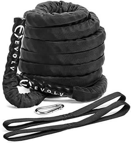 Evolv Athletics Battle Ropes with Anchor Strap Kit Nylon Sleeve for Protection- Poly Dacron-Durable Rope-1.5” 30/40/50ft - 2” 30/40/50 ft- Cardio Workout, Crossfit-Muscle Toning- Core Workout