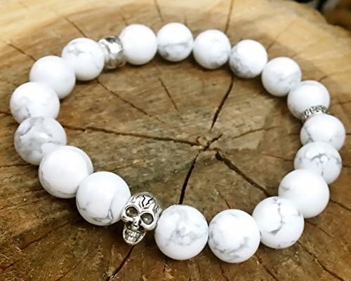Men Woman Skull White Turquoise Howlite Beaded Stretch Bracelet Healing Protection All Sizes Ava