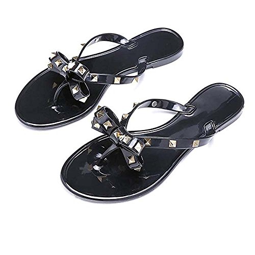 Utop Women’s Rivets Bowtie Flip Flops Jelly Thong Sandal Rubber Flat Slipper Summer Beach Rain Shoes Womens Gold Rivet Studded Bow Jelly Thong Flip Flop Sandals (US8.5=EU40=25CM, Black)