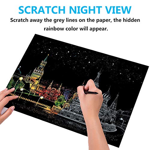 Scratch Art Paper Rainbow Painting Sketch Pad DIY Building View Scratchboard for Adults and Kids - 4 Packs, 16 X 11.2 Inches