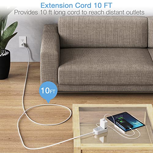 Extension Cord 10 ft, TESSAN Flat Plug Power Strip with 2 Outlets 3 USB