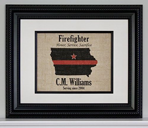 FIREFIGHTER Gift For Men Women Thin Red Line Flag across ANY US State - Personalized on Burlap for Home or Office - Retirement Graduation Promotion