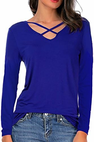 CPOKRTTWSO Cross Front Deep V-Neck Long/Short Sleeve Shirt Women Tees Tops Blue L