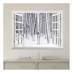Modern White Window Looking Out Into a Snowed in Forest - Wall Mural, Removable Sticker, Home Decor - 24x32 inches