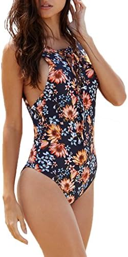 Women Flower Print Lace Up Front Bandage One Piece Bikini Swimsuit Monokini