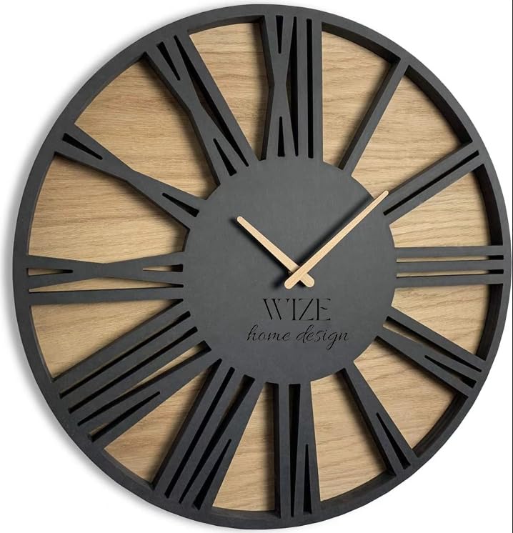 Wize Products Modern 19.7" Wooden Wall Clock Silent Movement Roman LOFT Round Wall Clocks for Living Room Bedroom - Decorative Kitchen Wall Clock - Oak Black