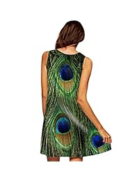RARITYUS Moda para mujer Sin mangas Estampado floral Cuello redondo Vestidos sueltos de verano Patrón de plumas de pavo real