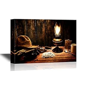 Retro Style Canvas Wall Art - American West Legend Cowboy Everyday Items in a Nostalgic Americana Scene - Gallery Wrap Modern Home Art | Ready to Hang - 12x18 inches