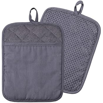 100% Cotton with Silicone Kitchen Everyday Basic Pot Holder Heat Resistant Coaster Potholder Oven Mitts with Pocket for Cooking and Baking Set of 2 Grey