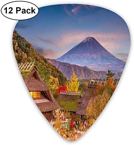 Celluloid Guitar Picks - 12 Pack,Abstract Art Colorful Designs,Japanese Landscape With An Old Village Natural Rural Scenery Bushes And Highlands,For Bass Electric & Acoustic Guitars.