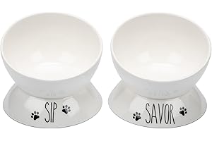 Prefurred Pet Elevated Cat Food Bowl Set (Sip & Savor Cat Dish) Two Elevated Cat Bowls, Cat Dishes for Food and Water. Porcelain Raised Cat Bowl, Small Pet Dog Bowl. Wide Tilted Cat Food Bowls.