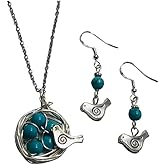 Robin or Bird's Nest Pendant with 5 turquoise eggs & Earring Set - with 5 turquoise stone Eggs on a 24 inch stainless steel link chain