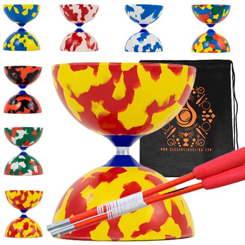 Jester Diabolo Set with Fibre Sticks, Diabolo String - Pro Medium Rubber Diablo Set With Cascade Carry Bag (Red and Yellow)
