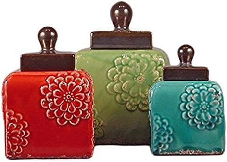 Ceramic Canister Set, Red, Blue, Green, 10", 5.5", 7.5"
