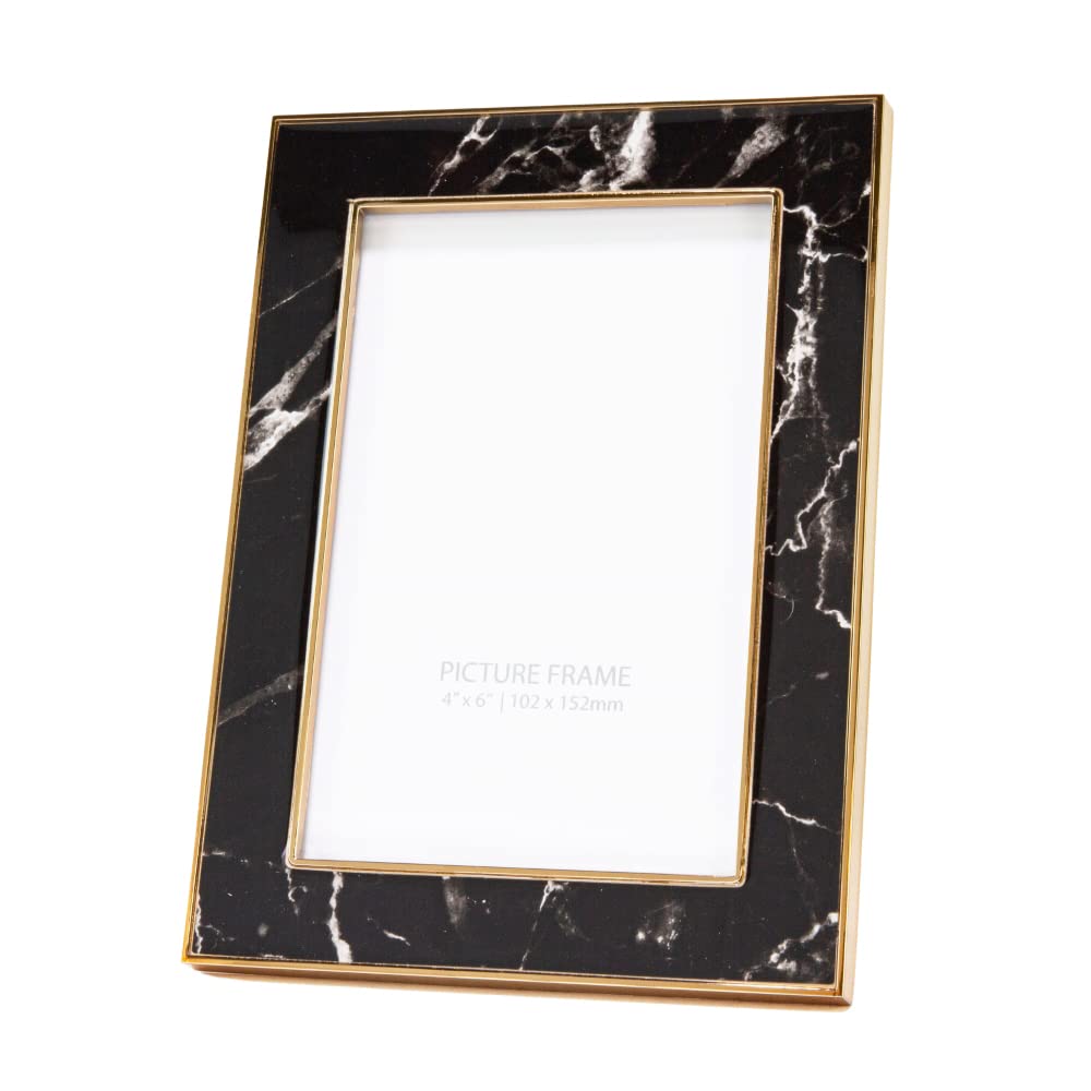 Happy Homewares Modern Designer Black Marble Print 4x6 Frame with Clear Enamel and Gold Tone Metal for Wall or Table | Black Velvet Backing | Portrait or Landscape