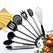 8 Piece Kitchen Utensil Set - Stainless Steel and Black Silicone - Modern Nonstick Utensils Cooking Tools Including Serving Tongs, Spoon, Spatula Tools, Pasta Server, Ladle, Strainer,