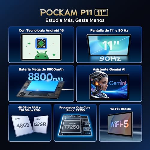 P11 Tablet Android 16, Tablet 11 Pulgadas con 48GB RAM+128GB ROM/TF 2TB, 8800mAh, Tablets Android con 90Hz Display, T7250 Octa-Core, 13MP+5MP, Gemini AI, Widevine L1, Face ID, Teclado, Lapiz, Negro