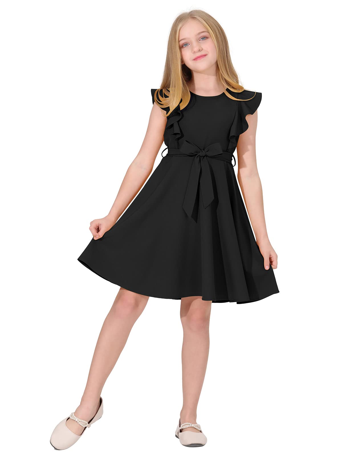 Quedoris Girls Ruffle Trim Dress Print and Solid Color A-line Swing Flared Belted Casual Party Dress with Zipper
