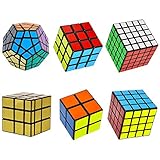 6-Pack Popular Speed Cube Puzzle – Including 2x2x2 3x3x3 4x4x4 5x5x5 Speedcubing White Puzzle, Megaminx Puzzle Cube and Gold Black Mirror Cube