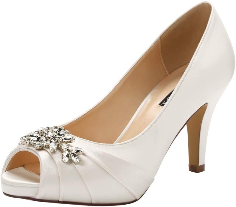 Peep Toe Mid Heels for Woman Rhinestones Satin Evening Prom  Wedding   Shoes