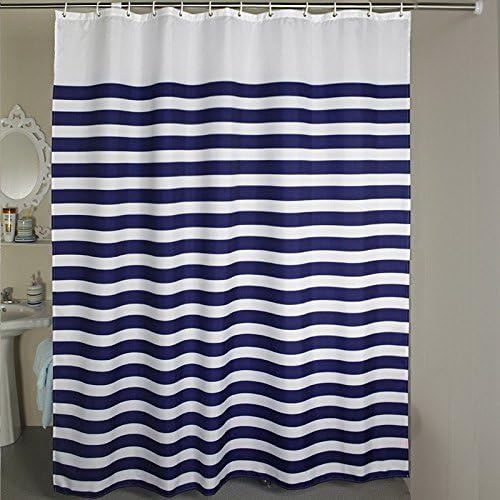 Extra Long Stall Fabric Shower Curtain Liner Set with Hooks/Rings- 60 x 78 inches, Blue White Nautical Stripes