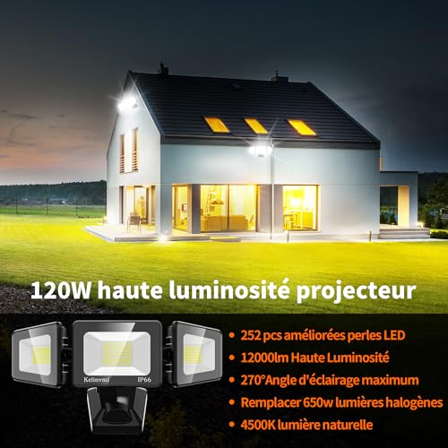 kelinvmi 120W 12000LM Outdoor LED Floodlight High Brightness LED Security Light 4500K Warm White Light with IP66 Waterproof IP66 for Yard, Garden, Playground