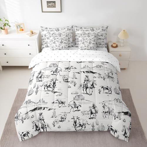 Queen Wild West Cowboy Bedding Set 7 Pieces Bed in a Bag, Rodeo Cowboy White Comforter with Sheets, Western Farmhouse Bed Sets with Comforter, Fitted Sheets, Flat Sheets, Pillow Shams and Pillowcases
