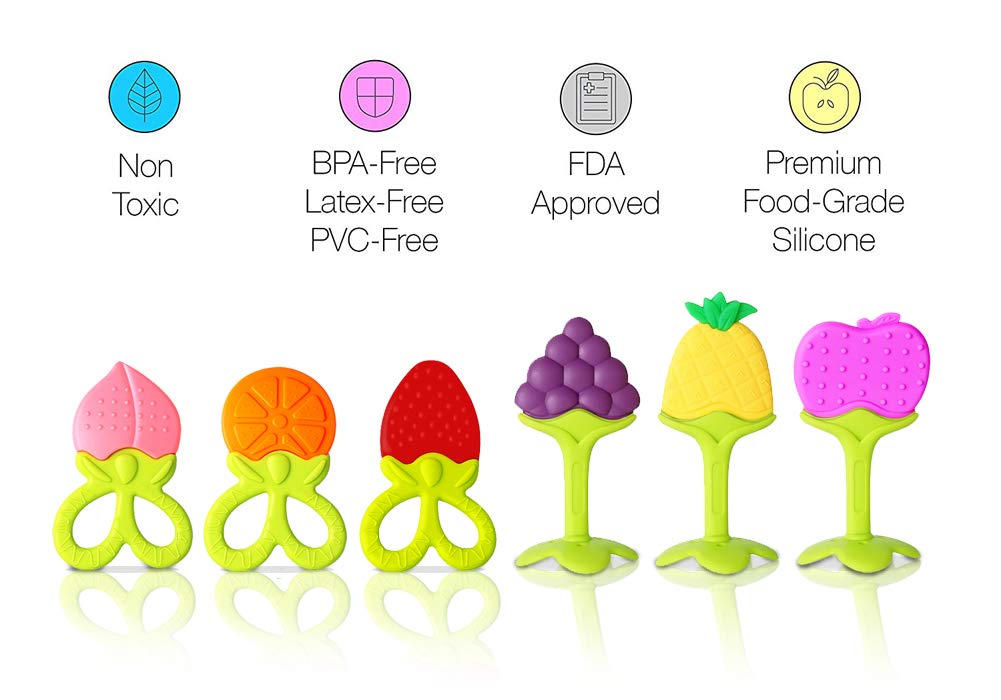 Baby Teether Toys VDROL BPA Free Fruit Teethers Set, Natural Silicone Soother Massage Teethers Soft for Babies, Infant, Toddlers with Pacifier Clip (7 Pack)